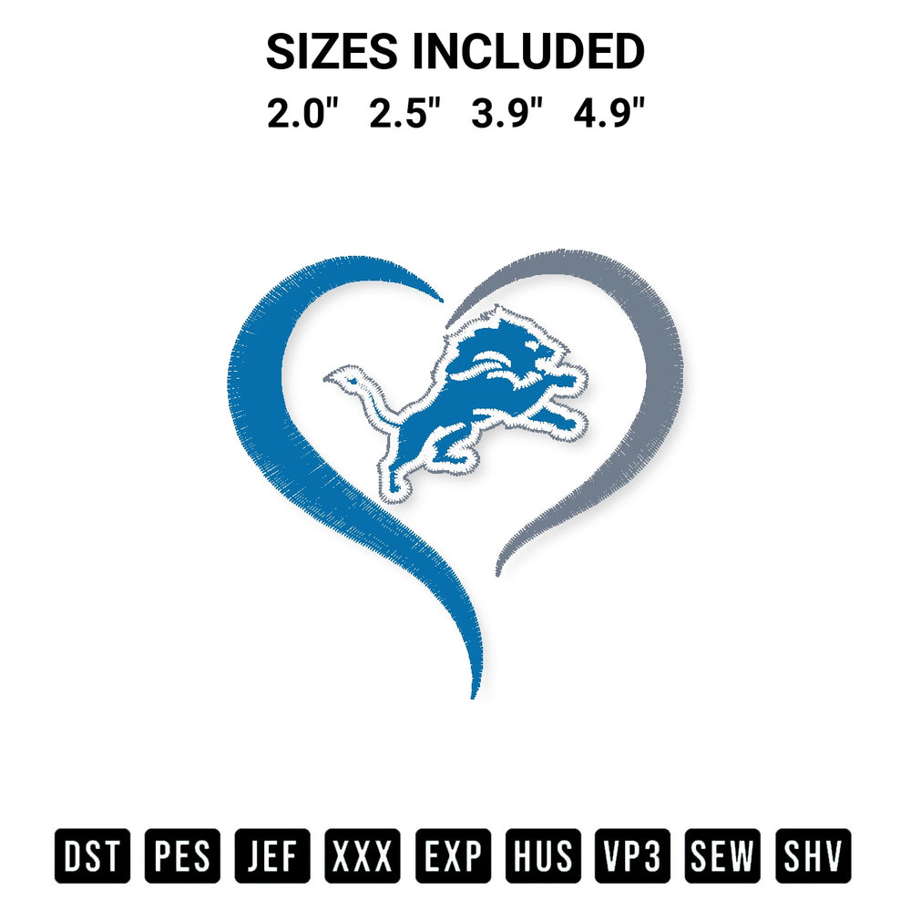 Discover the perfect addition to your crafting collection: Nfl Detroit Lions Heart Embroidery Design embroidery file. Instantly available at Designspacks.com. Available sizes: 2.0", 2.5", 3.9", 4.9".