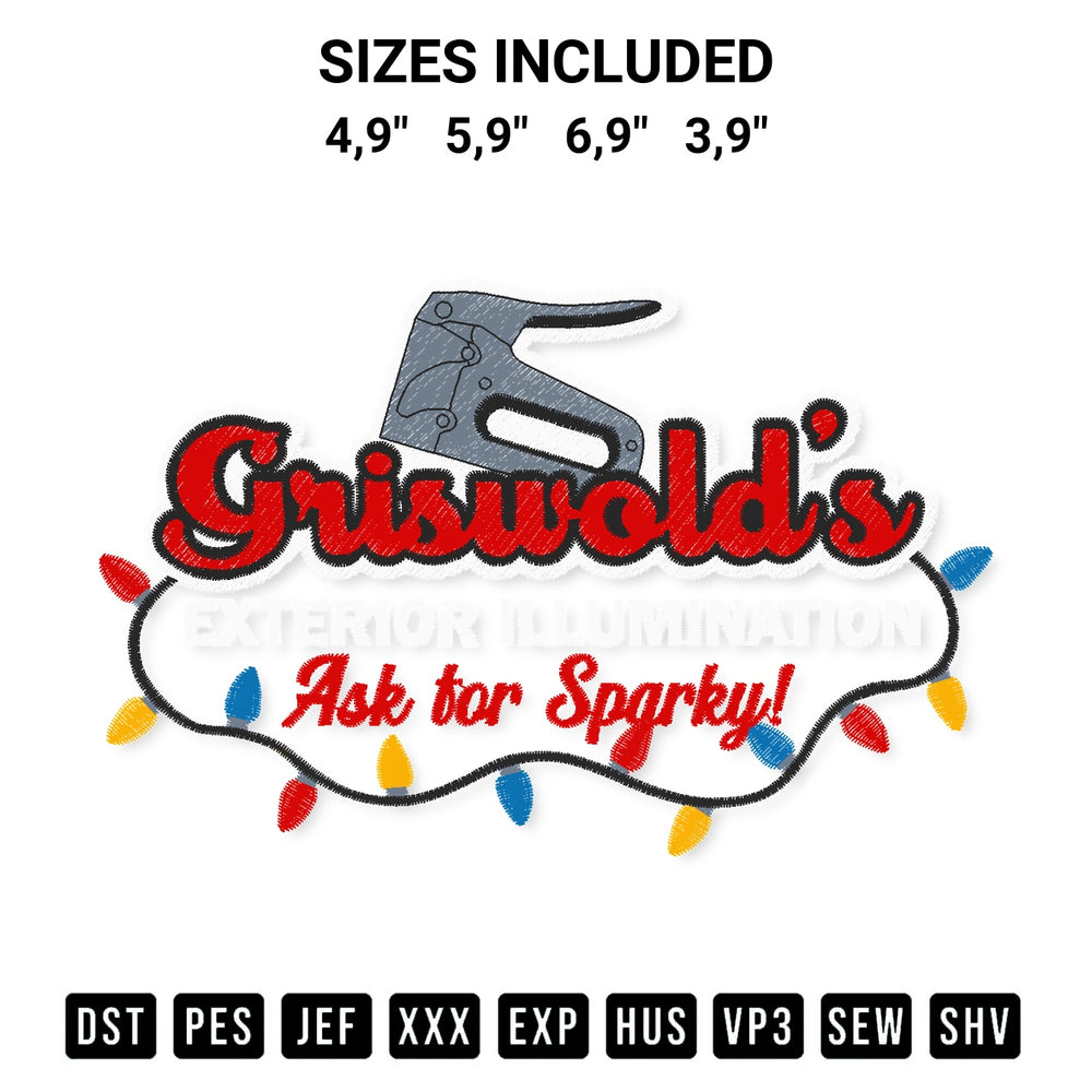 Get the Griswolds Exterior Illumination Ask For Sparky Christmas 2022 Logo Embroidery Design embroidery design for your custom crafts! Premium digitized files available for instant download at Designspacks.com. Available sizes: 4,9", 5,9", 6,9", 3,9".