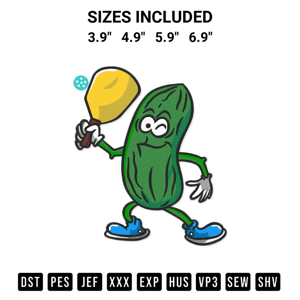 Add a unique touch to your apparel with the Funny Pickle Playing Pickleball Embroidery Design embroidery file. Premium instant download available now on Designspacks.com. Available sizes: 3.9", 4.9", 5.9", 6.9".