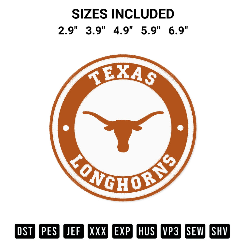 Shop the Texas Longhorns Circle Logo Embroidery Design machine embroidery pattern at Designspacks.com. Beautifully digitized for flawless stitching on any fabric. Available sizes: 2.9", 3.9", 4.9", 5.9", 6.9".