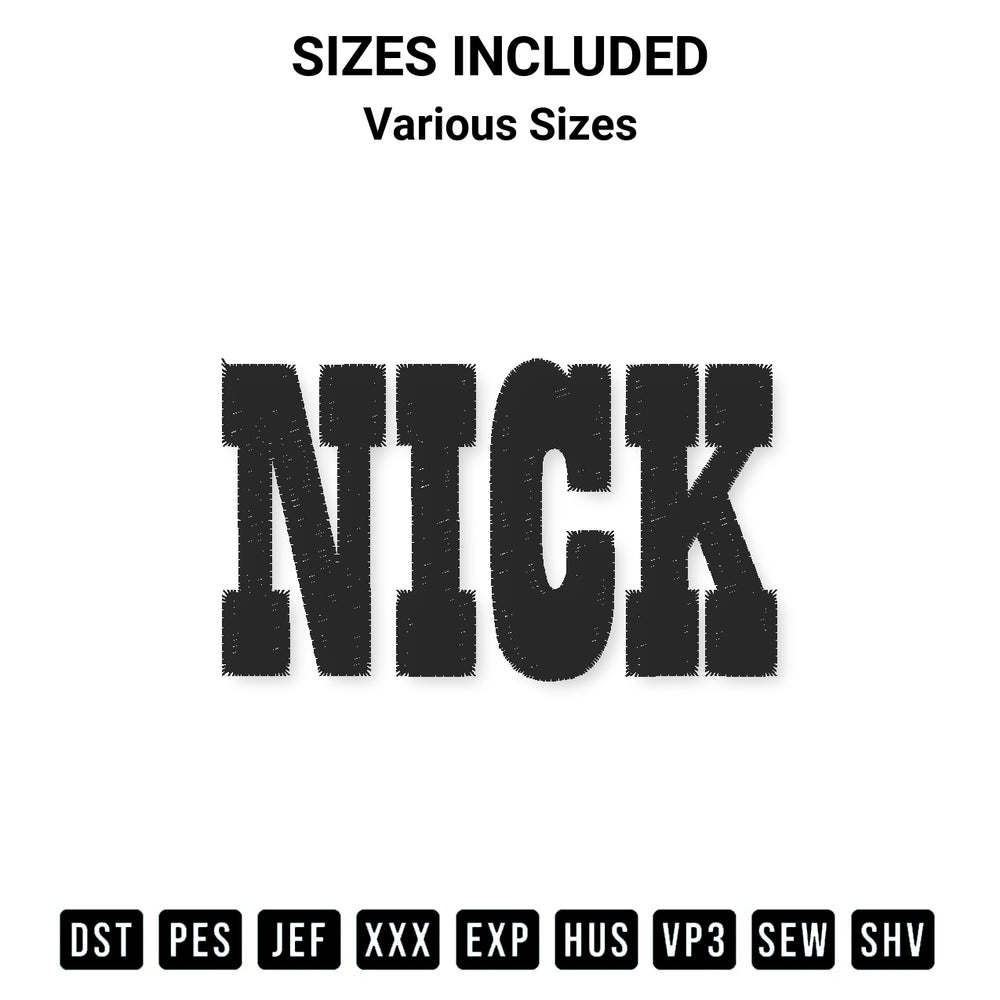 Get the Nick Embroidery Design embroidery design for your custom crafts! Premium digitized files available for instant download at Designspacks.com. Available sizes: Various Sizes.