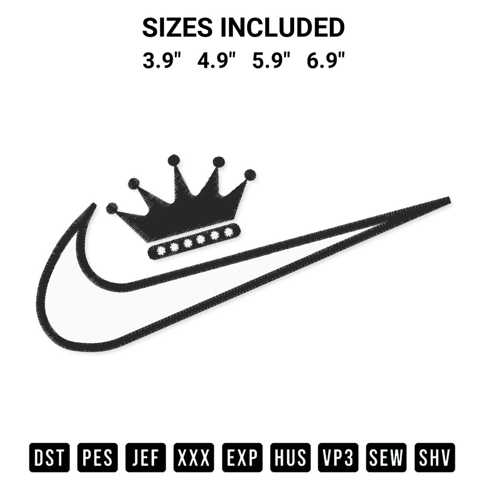 Download the Crown Queen Swoosh Embroidery Design machine embroidery design exclusively at Designspacks.com. Premium digitized pattern for apparel and DIY crafts. Available sizes: 3.9", 4.9", 5.9", 6.9".