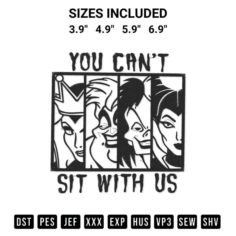 Stitch like a pro with the You Cant Sit With Us Disney Halloween Witches Embroidery Design embroidery pattern from Designspacks.com. High-quality digital machine embroidery file. Available sizes: 3.9", 4.9", 5.9", 6.9".
