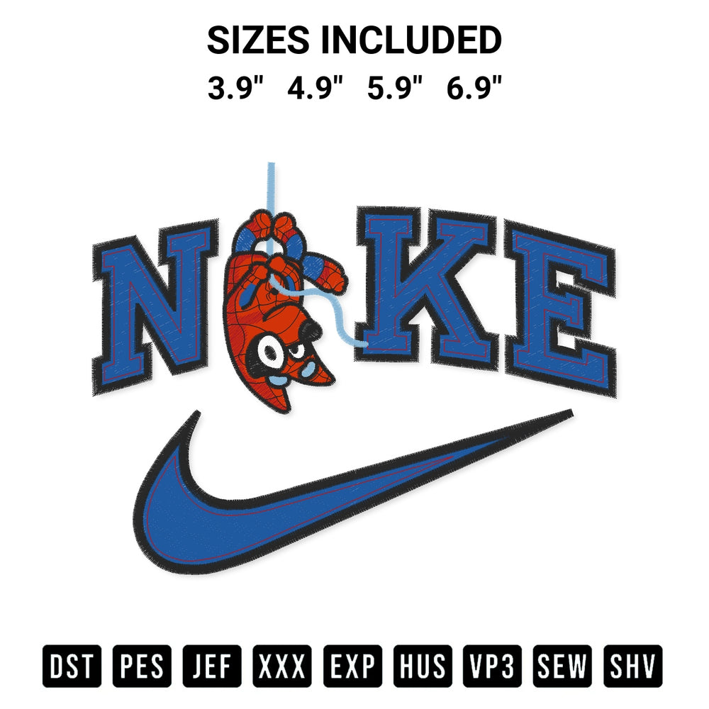 Transform your fabrics with the Nike Spider Man Bluey Embroidery Design embroidery design. Instant access to premium digitized patterns at Designspacks.com. Available sizes: 3.9", 4.9", 5.9", 6.9".