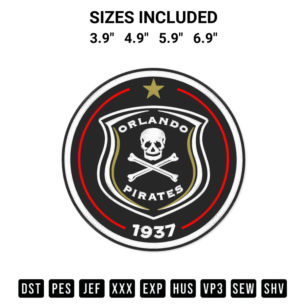 Get the Orlando Pirates Fc Circle Logo Embroidery Design embroidery design for your custom crafts! Premium digitized files available for instant download at Designspacks.com. Available sizes: 3.9", 4.9", 5.9", 6.9".