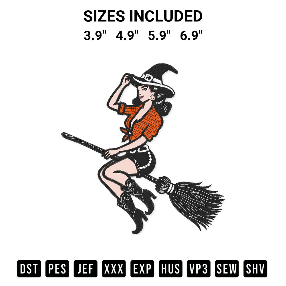 Create amazing crafts with the Cowgirl Witch Riding Broom Embroidery Design embroidery file. High-quality digital download from Designspacks.com, perfect for beginners and pros. Available sizes: 3.9", 4.9", 5.9", 6.9".