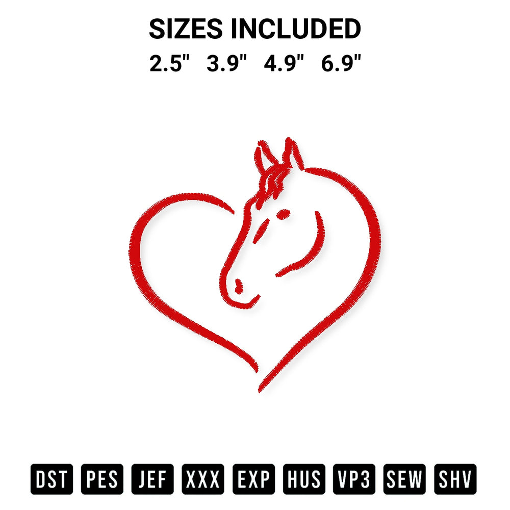 Download the Heart Horse Embroidery Design machine embroidery design exclusively at Designspacks.com. Premium digitized pattern for apparel and DIY crafts. Available sizes: 2.5", 3.9", 4.9", 6.9".
