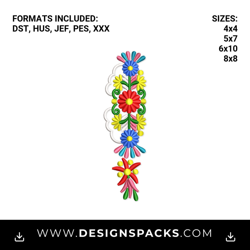 Colorful Mexican Floral Border Embroidery Design - Instant digital download pattern at Designspacks.com