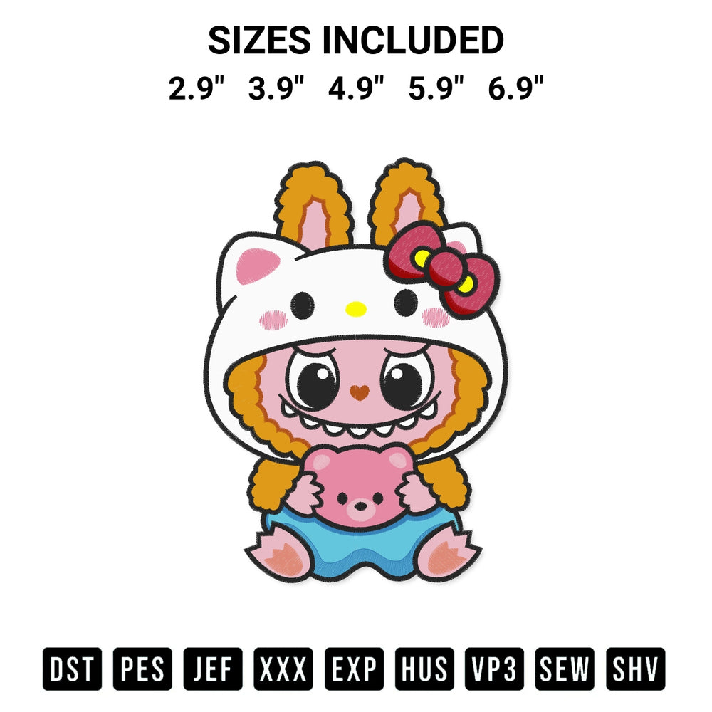 Discover the perfect addition to your crafting collection: Kawaii Labubu Cat Embroidery Design embroidery file. Instantly available at Designspacks.com. Available sizes: 2.9", 3.9", 4.9", 5.9", 6.9".