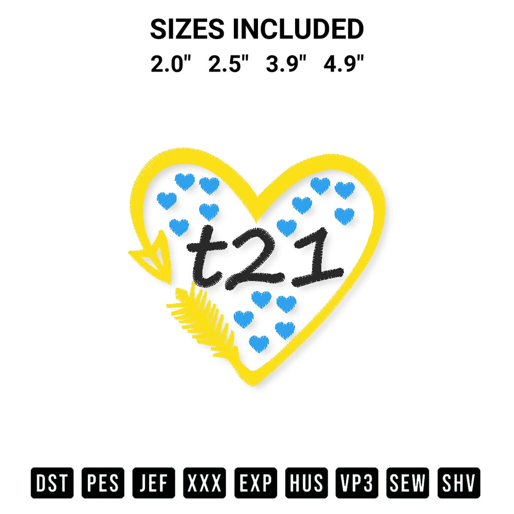 Shop the Down Syndrome Awareness Hearts Arrow T21 Embroidery Design machine embroidery pattern at Designspacks.com. Beautifully digitized for flawless stitching on any fabric. Available sizes: 2.0", 2.5", 3.9", 4.9".