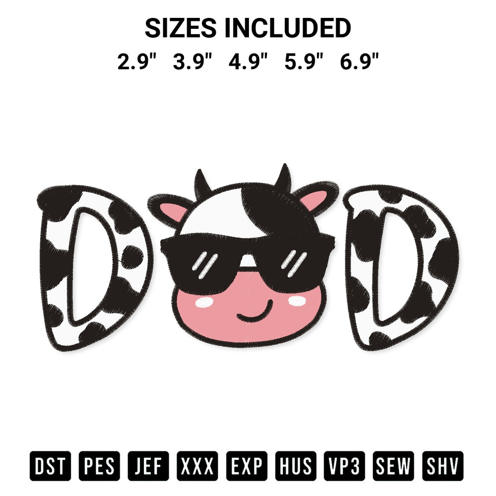 Shop the Cow Dad With Sunglasses Embroidery Design machine embroidery pattern at Designspacks.com. Beautifully digitized for flawless stitching on any fabric. Available sizes: 2.9", 3.9", 4.9", 5.9", 6.9".