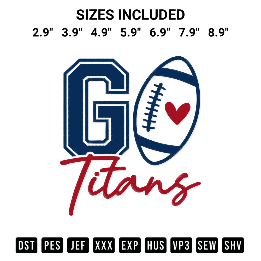 Stitch like a pro with the Go Titans Football Embroidery Design embroidery pattern from Designspacks.com. High-quality digital machine embroidery file. Available sizes: 2.9", 3.9", 4.9", 5.9", 6.9", 7.9", 8.9".