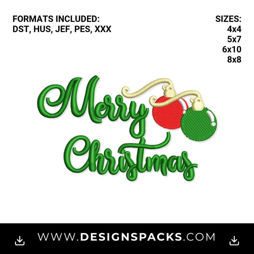 Merry Christmas Script with Ornaments Embroidery Design - Instant digital download pattern at Designspacks.com