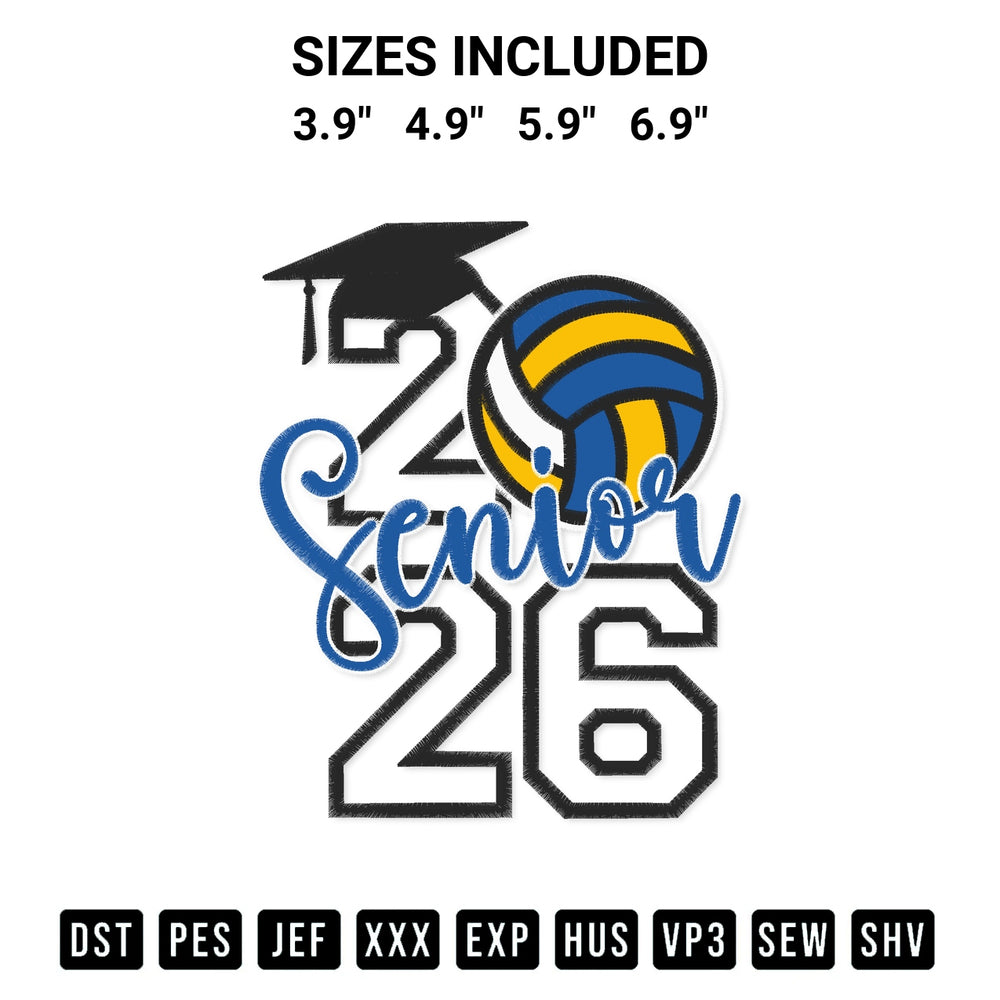 Download the Senior 2026 Volleyball Embroidery Design machine embroidery design exclusively at Designspacks.com. Premium digitized pattern for apparel and DIY crafts. Available sizes: 3.9", 4.9", 5.9", 6.9".