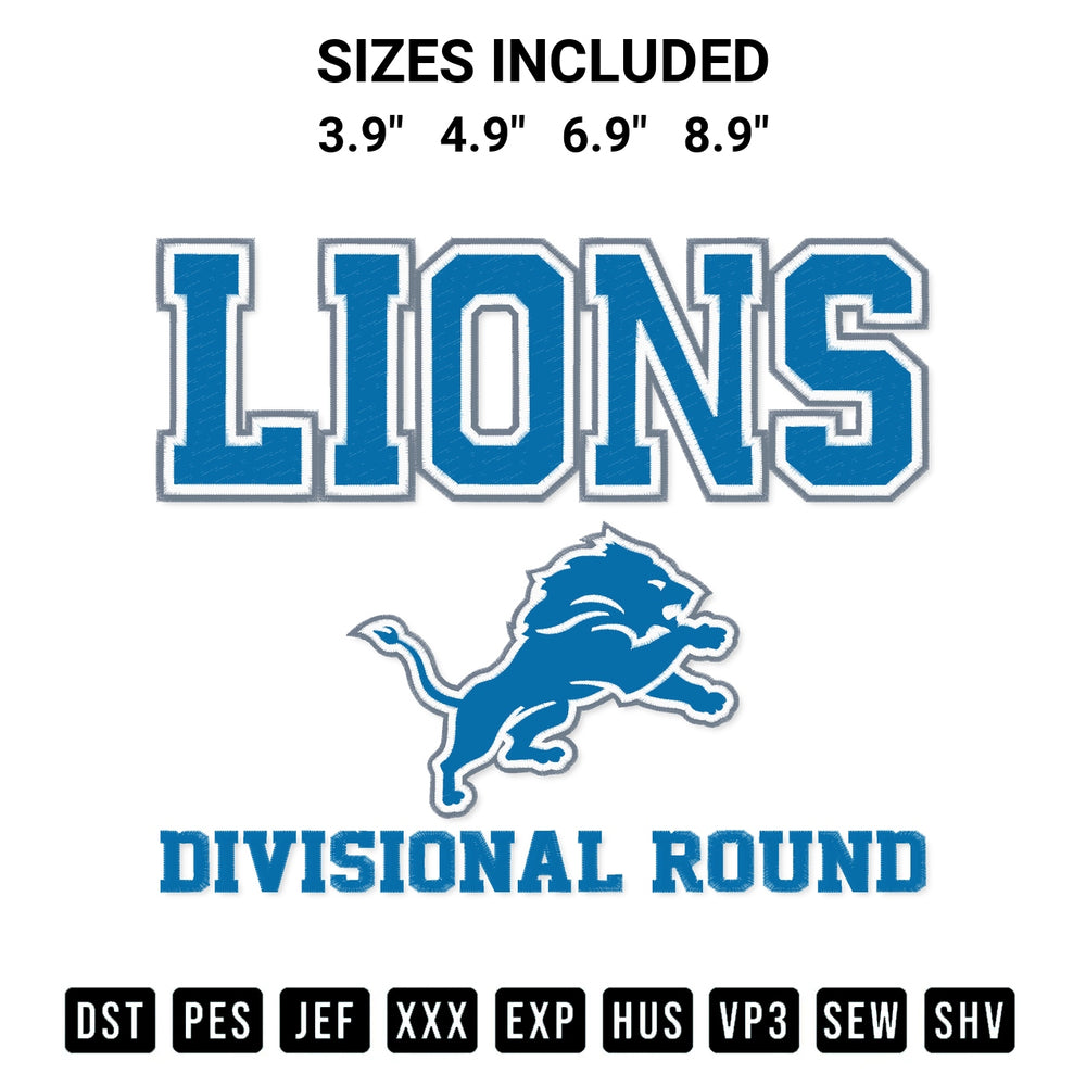 Transform your fabrics with the Detroit Lions Football Divisional Round Embroidery Design embroidery design. Instant access to premium digitized patterns at Designspacks.com. Available sizes: 3.9", 4.9", 6.9", 8.9".