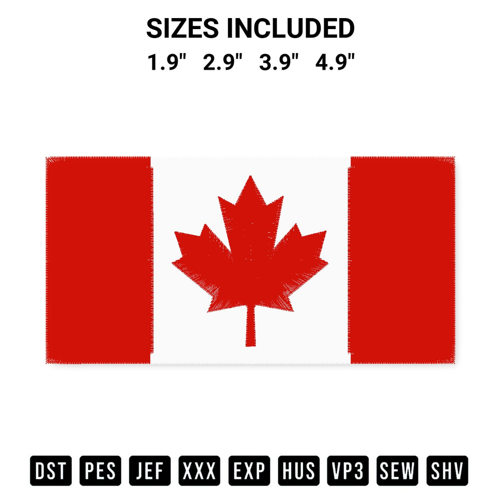 Stitch like a pro with the Canada Flag Embroidery Design embroidery pattern from Designspacks.com. High-quality digital machine embroidery file. Available sizes: 1.9", 2.9", 3.9", 4.9".