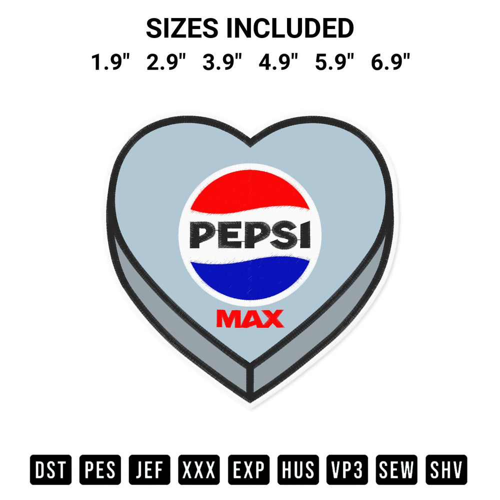 Transform your fabrics with the Pepsi Max Candy Heart Embroidery Design embroidery design. Instant access to premium digitized patterns at Designspacks.com. Available sizes: 1.9", 2.9", 3.9", 4.9", 5.9", 6.9".