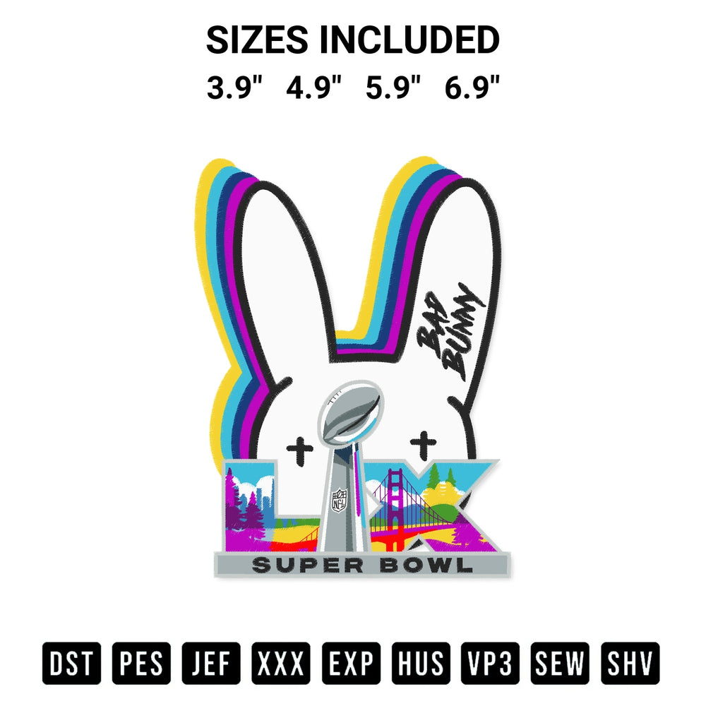 Stitch like a pro with the Rainbow Bad Bunny Super Bowl Lx 2026 Embroidery Design embroidery pattern from Designspacks.com. High-quality digital machine embroidery file. Available sizes: 3.9", 4.9", 5.9", 6.9".