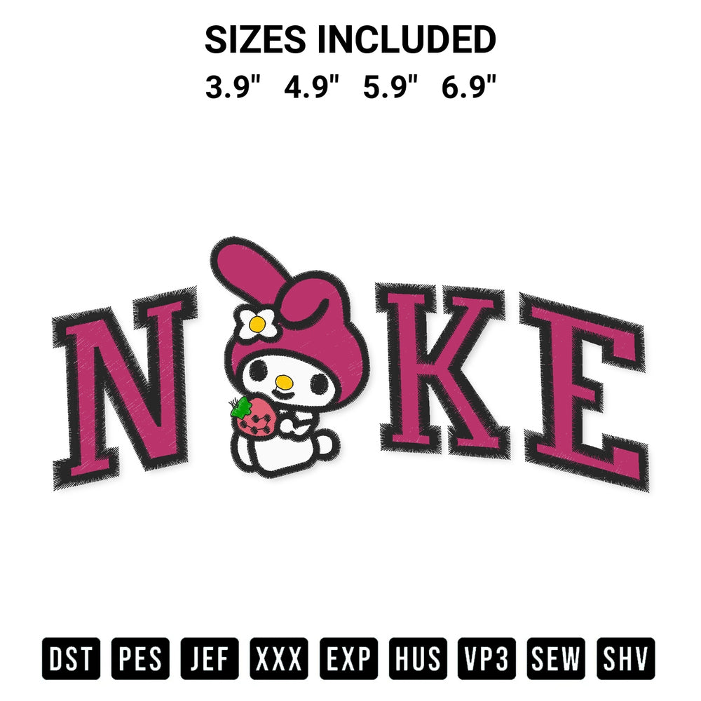 Transform your fabrics with the Nike My Melody Cute Embroidery Design embroidery design. Instant access to premium digitized patterns at Designspacks.com. Available sizes: 3.9", 4.9", 5.9", 6.9".