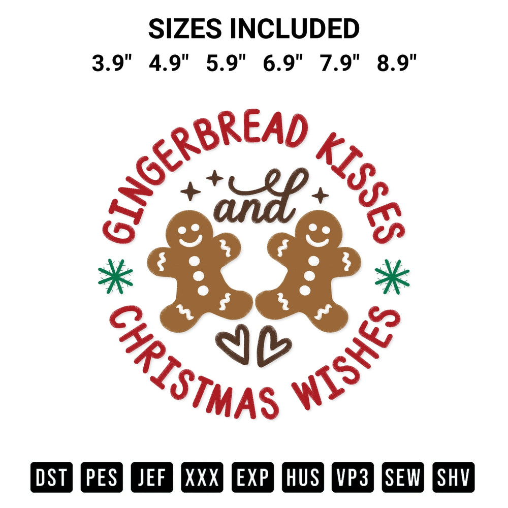 Transform your fabrics with the Gingerbread Kisses And Christmas Wishes Embroidery Design embroidery design. Instant access to premium digitized patterns at Designspacks.com. Available sizes: 3.9", 4.9", 5.9", 6.9", 7.9", 8.9".