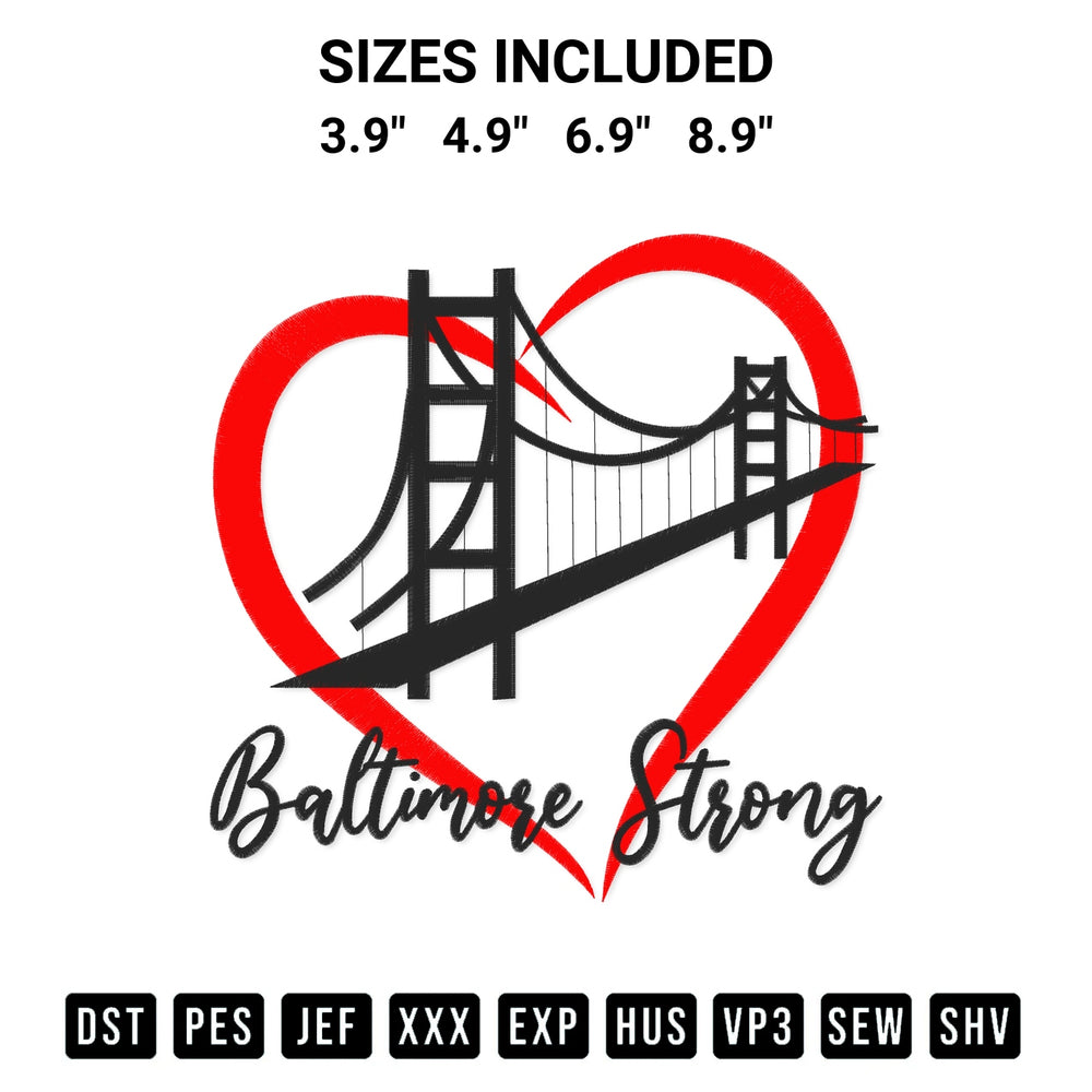 Elevate your next project with our Baltimore Strong Heart Embroidery Design embroidery file. Shop high-quality digital patterns instantly at Designspacks.com. Available sizes: 3.9", 4.9", 6.9", 8.9".