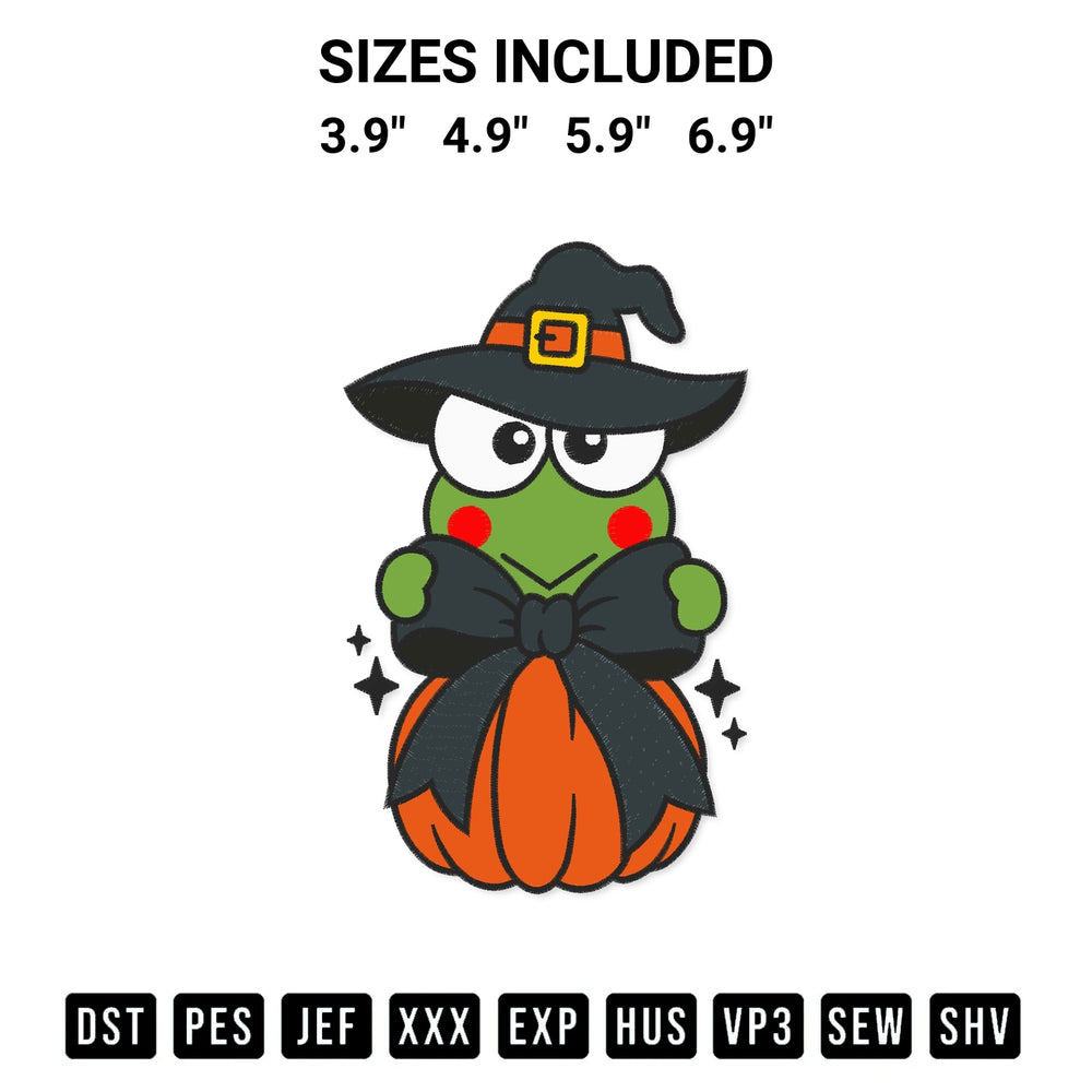 Stitch like a pro with the Keroppi Witch Coquette Pumpkin Embroidery Design embroidery pattern from Designspacks.com. High-quality digital machine embroidery file. Available sizes: 3.9", 4.9", 5.9", 6.9".