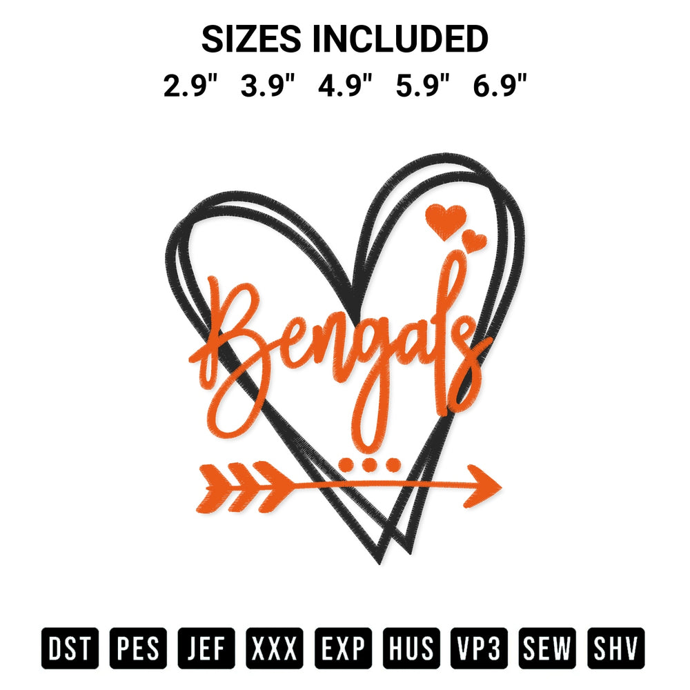 Transform your fabrics with the Cincinnati Bengals Heart Football Embroidery Design embroidery design. Instant access to premium digitized patterns at Designspacks.com. Available sizes: 2.9", 3.9", 4.9", 5.9", 6.9".