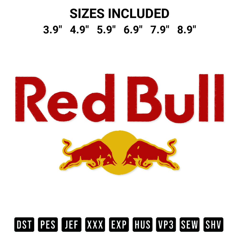 Discover the perfect addition to your crafting collection: Red Bull Logo Embroidery Design embroidery file. Instantly available at Designspacks.com. Available sizes: 3.9", 4.9", 5.9", 6.9", 7.9", 8.9".