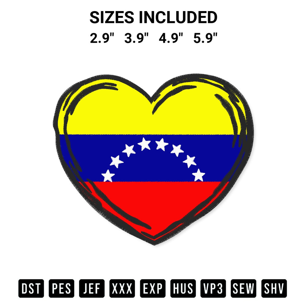 Transform your fabrics with the Venezuela Heart Flag Embroidery Design embroidery design. Instant access to premium digitized patterns at Designspacks.com. Available sizes: 2.9", 3.9", 4.9", 5.9".