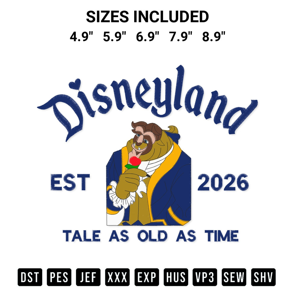 Transform your fabrics with the The Beast Disneyland Est 2026 Embroidery Design embroidery design. Instant access to premium digitized patterns at Designspacks.com. Available sizes: 4.9", 5.9", 6.9", 7.9", 8.9".