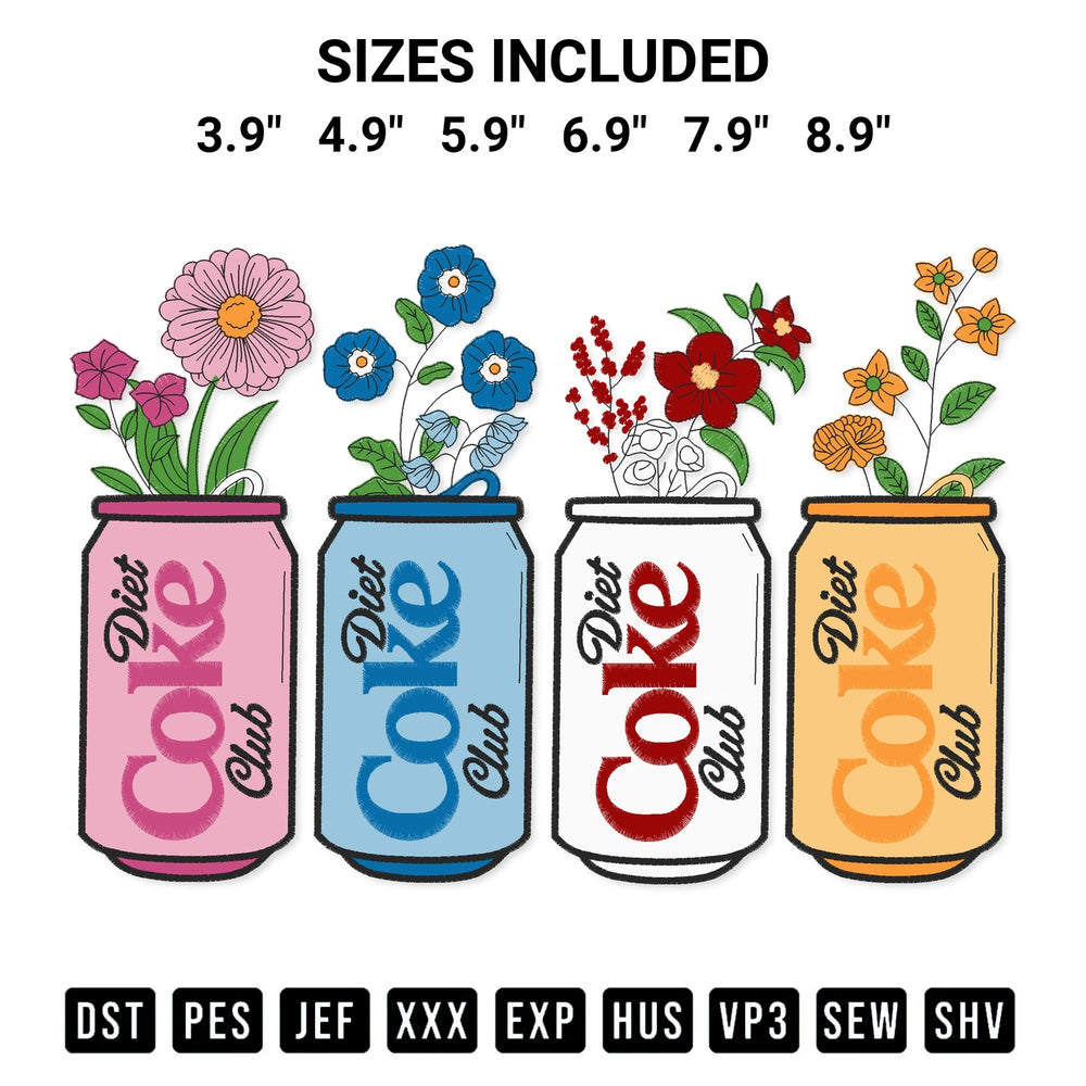 Get the Diet Coke Flower Embroidery Design embroidery design for your custom crafts! Premium digitized files available for instant download at Designspacks.com. Available sizes: 3.9", 4.9", 5.9", 6.9", 7.9", 8.9".