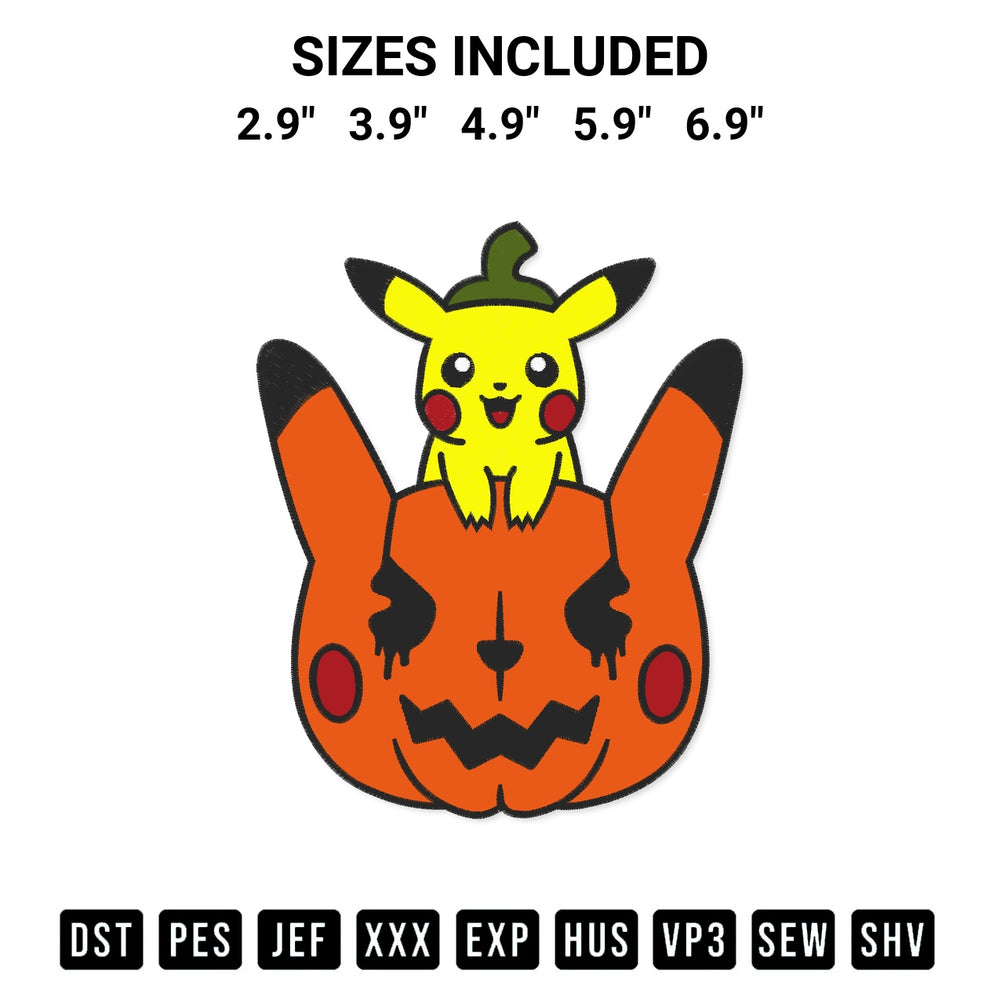 Shop the Pikachu Pumpkin Halloween Embroidery Design machine embroidery pattern at Designspacks.com. Beautifully digitized for flawless stitching on any fabric. Available sizes: 2.9", 3.9", 4.9", 5.9", 6.9".
