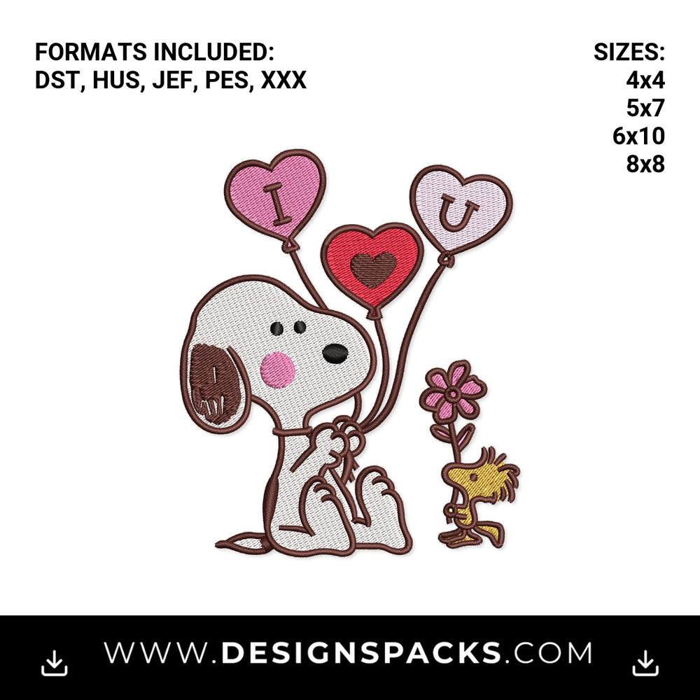 Cute Dog with I Love You Heart Balloons Embroidery Design - Instant digital download pattern at Designspacks.com