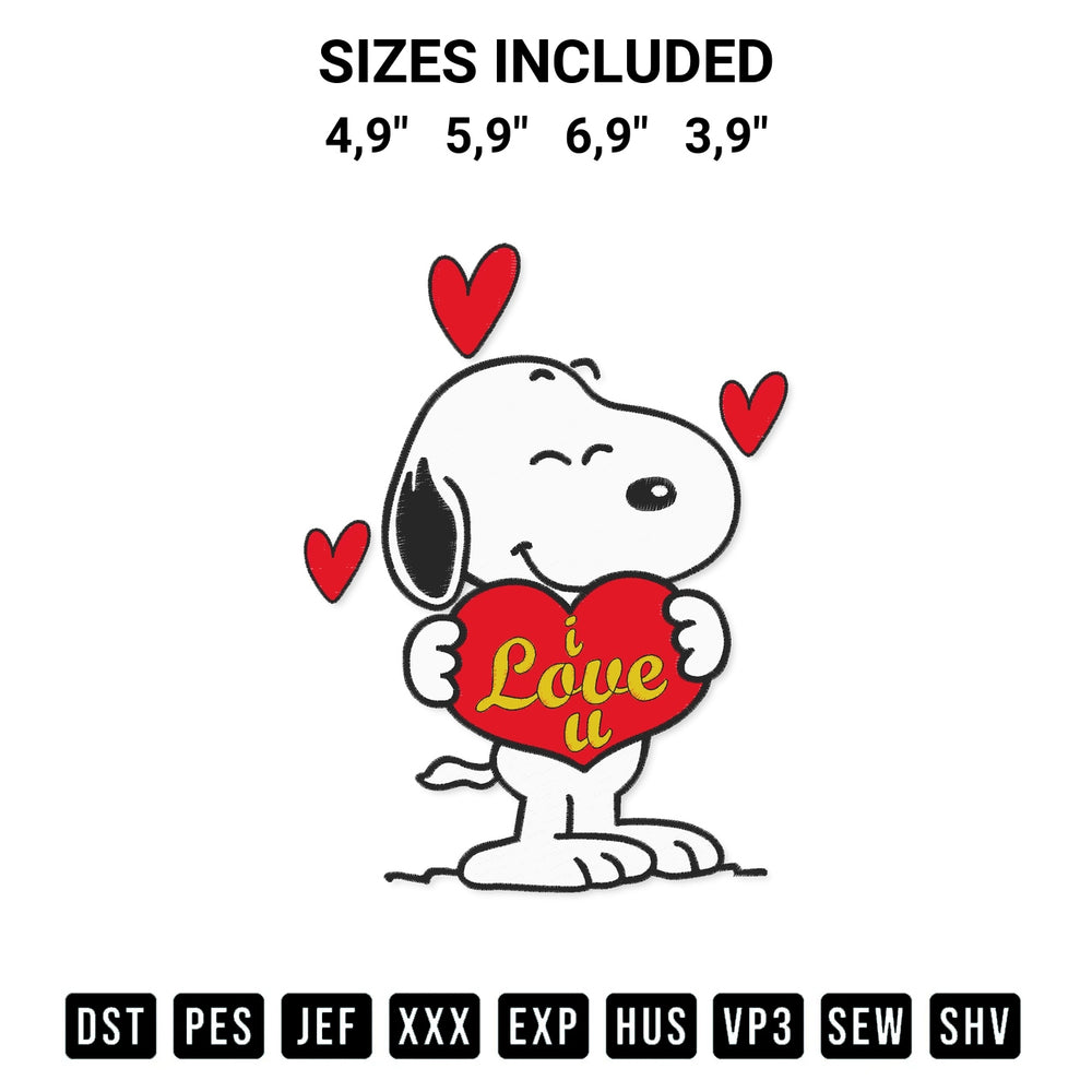 Shop the Snoopy Hugs Heart I Love You Cute Valentines Day Gift Embroidery Design machine embroidery pattern at Designspacks.com. Beautifully digitized for flawless stitching on any fabric. Available sizes: 4,9", 5,9", 6,9", 3,9".