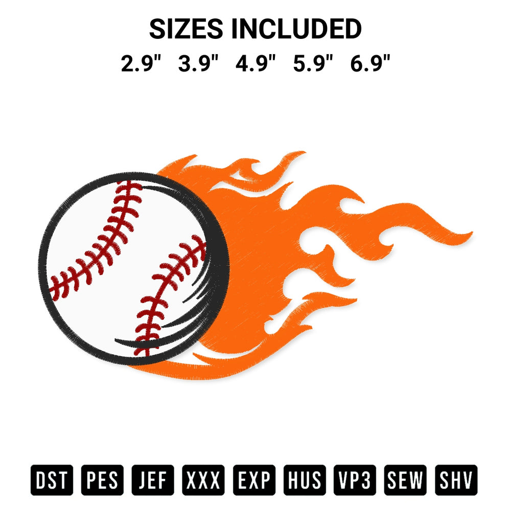 Discover the perfect addition to your crafting collection: Baseball Flame Embroidery Design embroidery file. Instantly available at Designspacks.com. Available sizes: 2.9", 3.9", 4.9", 5.9", 6.9".