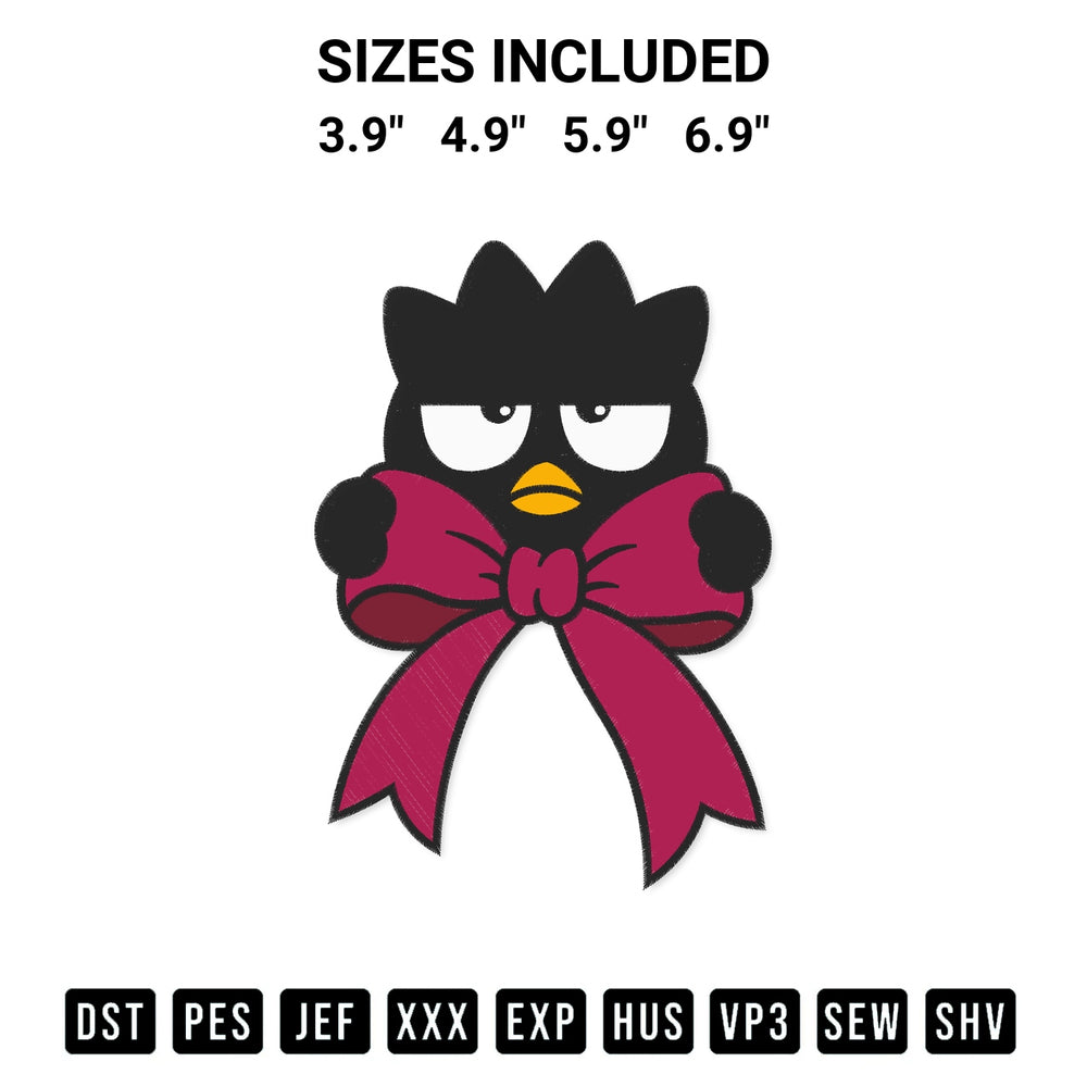 Add a unique touch to your apparel with the Badtz Maru Coquette Bow Embroidery Design embroidery file. Premium instant download available now on Designspacks.com. Available sizes: 3.9", 4.9", 5.9", 6.9".