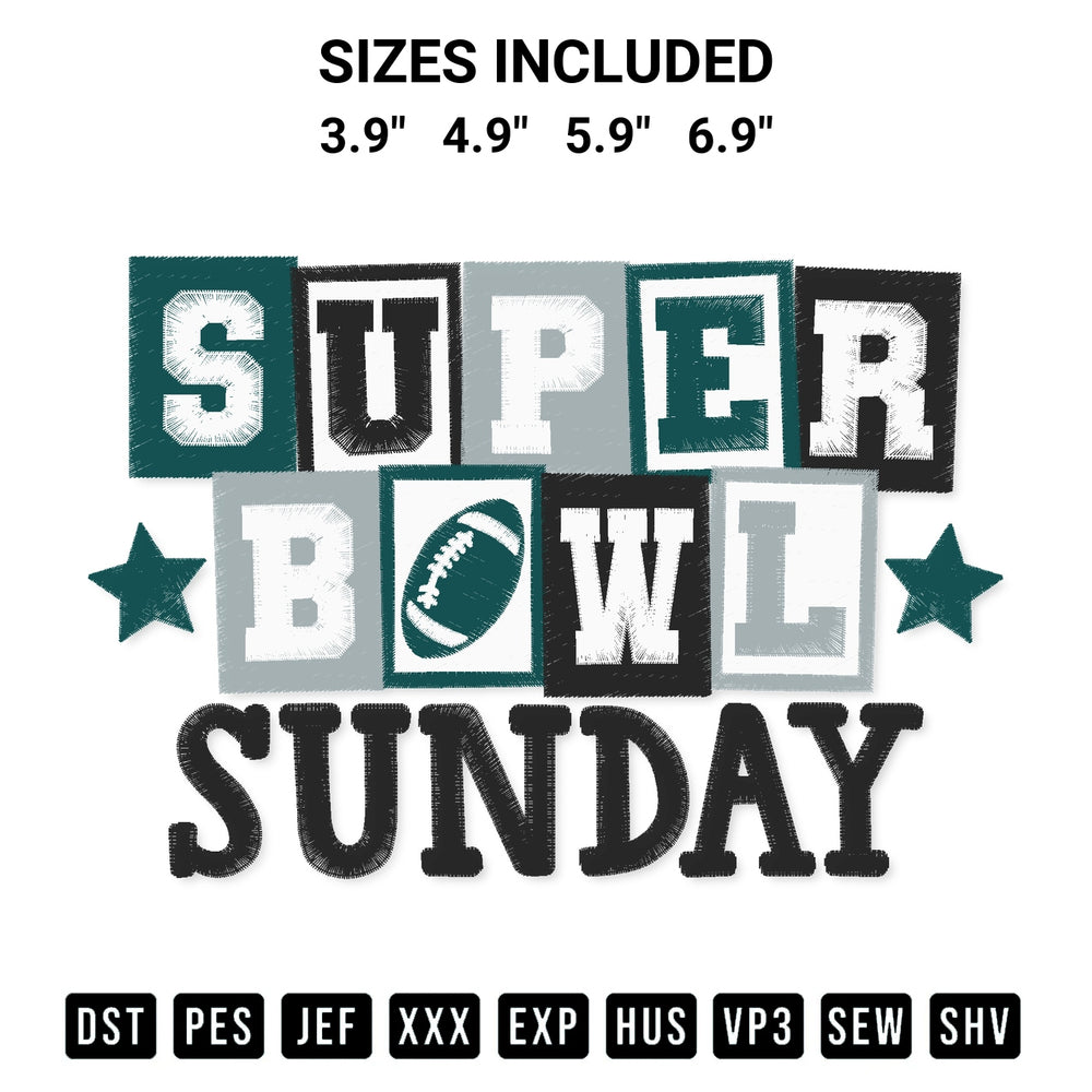 Shop the Super Bowl Sunday Eagles Embroidery Design machine embroidery pattern at Designspacks.com. Beautifully digitized for flawless stitching on any fabric. Available sizes: 3.9", 4.9", 5.9", 6.9".