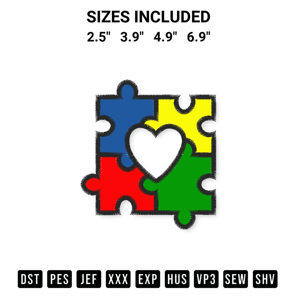 Create amazing crafts with the Autism Puzzle Heart Embroidery Design embroidery file. High-quality digital download from Designspacks.com, perfect for beginners and pros. Available sizes: 2.5", 3.9", 4.9", 6.9".