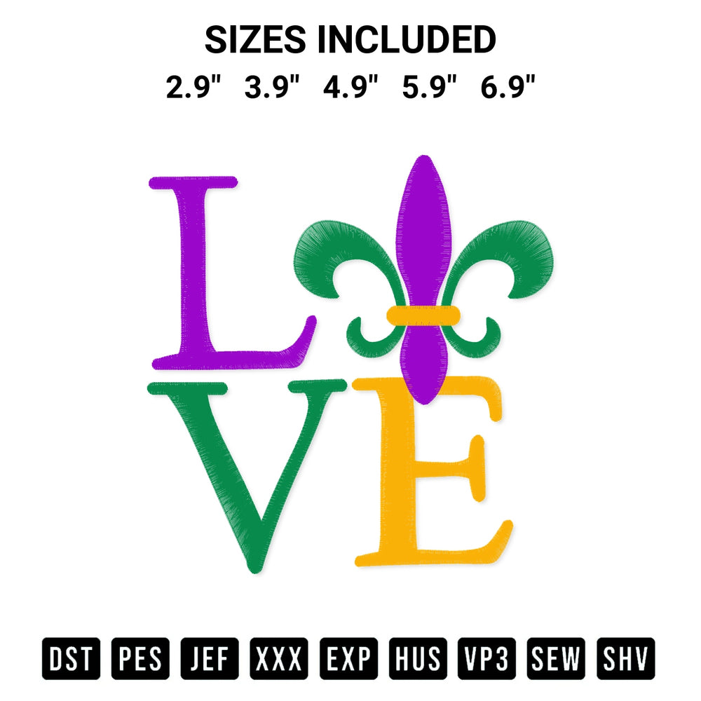 Create amazing crafts with the Mardi Gras Love Embroidery Design embroidery file. High-quality digital download from Designspacks.com, perfect for beginners and pros. Available sizes: 2.9", 3.9", 4.9", 5.9", 6.9".