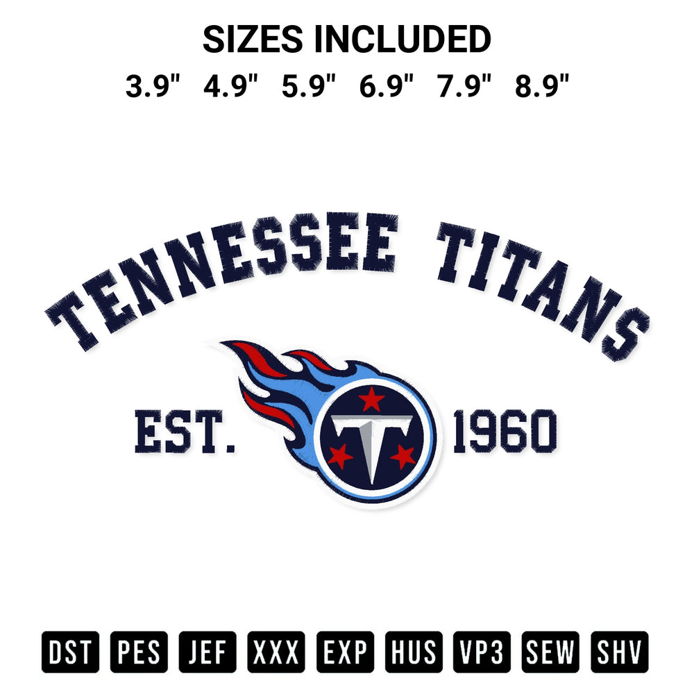 Create amazing crafts with the Tennessee Titans Est 1960 Embroidery Design embroidery file. High-quality digital download from Designspacks.com, perfect for beginners and pros. Available sizes: 3.9", 4.9", 5.9", 6.9", 7.9", 8.9".