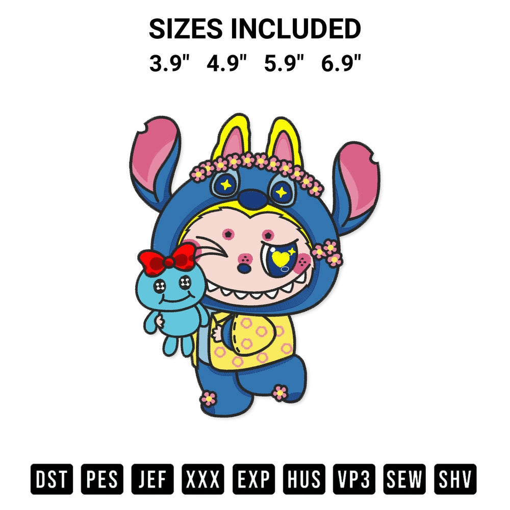 Stitch like a pro with the Cute Labubu Blue With Plush Toy Embroidery Design embroidery pattern from Designspacks.com. High-quality digital machine embroidery file. Available sizes: 3.9", 4.9", 5.9", 6.9".