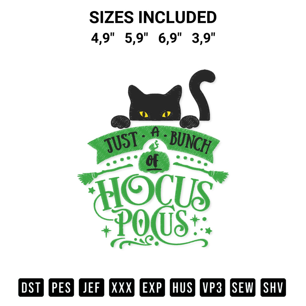 Looking for the perfect pattern? Download the Black Cat Just A Bunch Of Hocus Pocus Halloween Spooky Season Logo Embroidery Design embroidery design today at Designspacks.com. Crisp, clean stitching guaranteed. Available sizes: 4,9", 5,9", 6,9", 3,9".