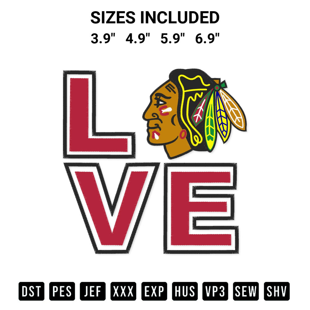 Stitch like a pro with the Love Chicago Blackhawks Embroidery Design embroidery pattern from Designspacks.com. High-quality digital machine embroidery file. Available sizes: 3.9", 4.9", 5.9", 6.9".