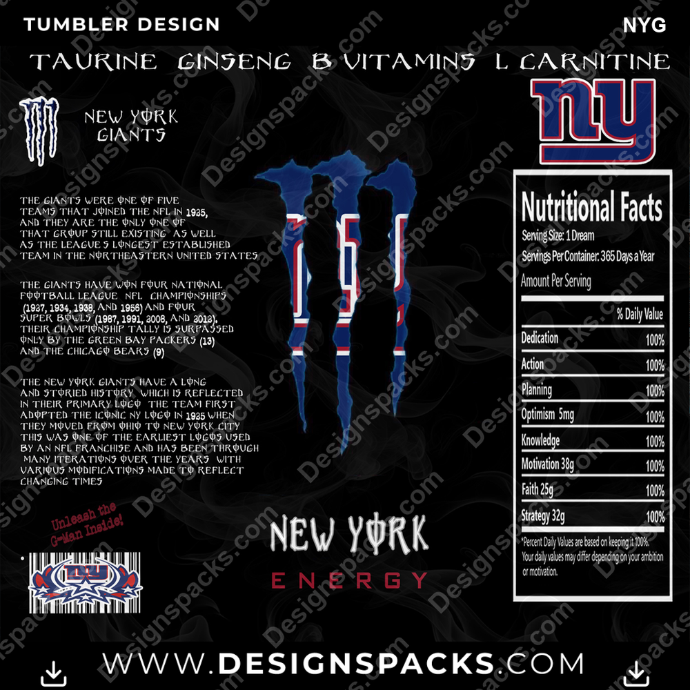 Football MONSTER ENERGY NYG NFL Football Tumbler Digital Wrap Design Download