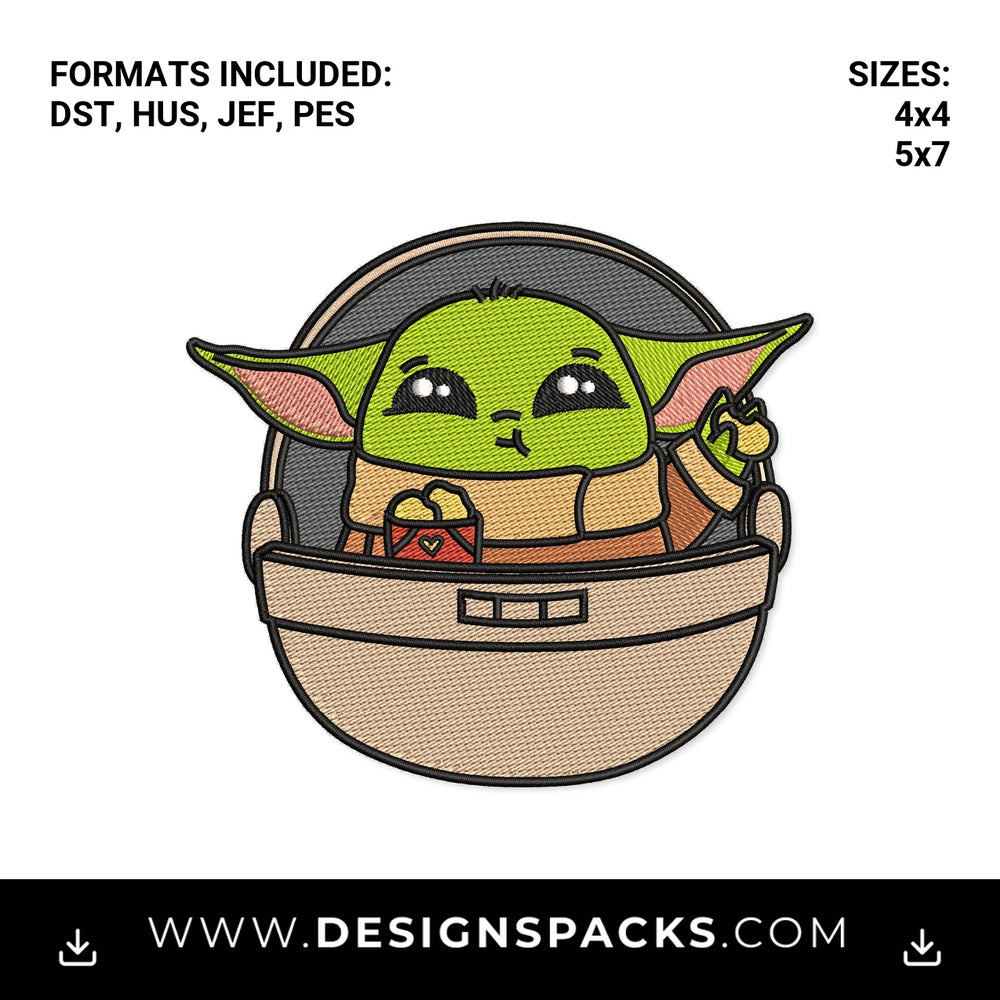 Cute Baby Alien Eating Nuggets in Pod Embroidery Design - Instant digital download pattern at Designspacks.com