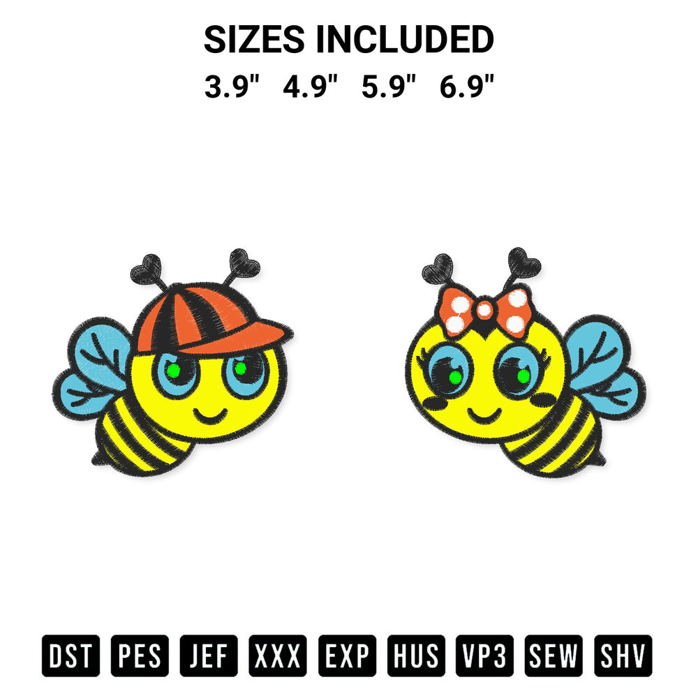 Add a unique touch to your apparel with the Cute Bee Couple Embroidery Design embroidery file. Premium instant download available now on Designspacks.com. Available sizes: 3.9", 4.9", 5.9", 6.9".