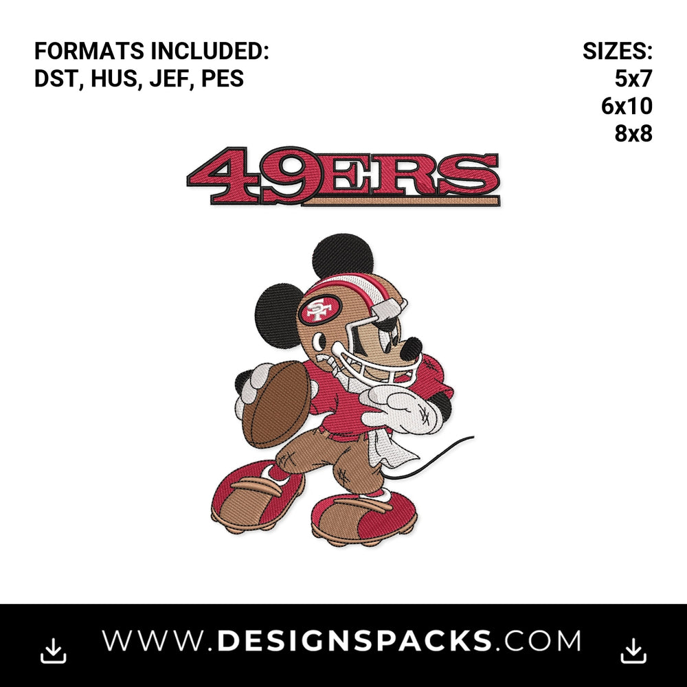 San Francisco 49ers Mickey Mouse Football Embroidery Design - Instant digital download pattern at Designspacks.com