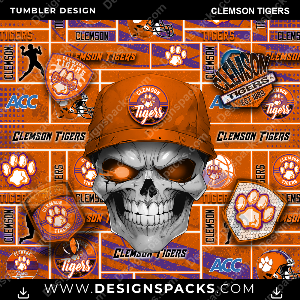 College Sport Skull Clemson Tigers Tumbler Digital Wrap Design