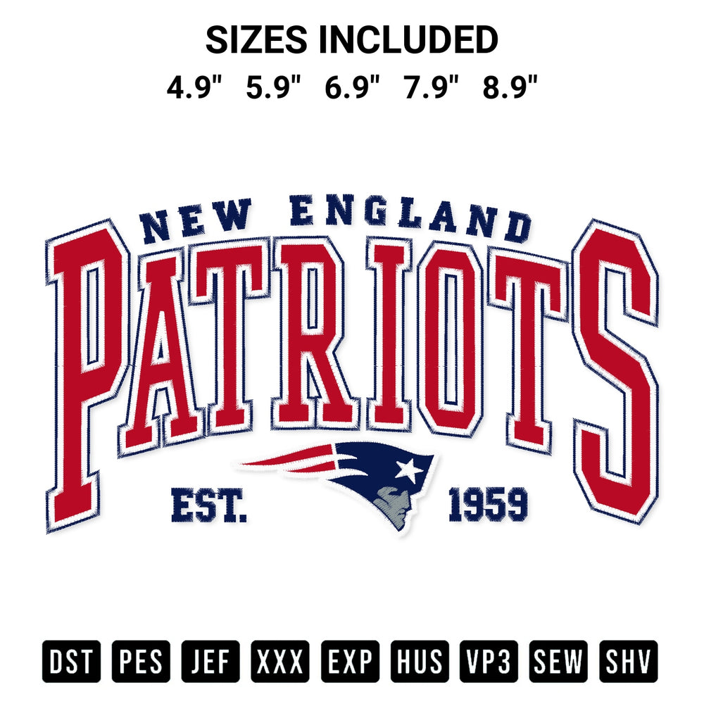 Stitch like a pro with the Vintage New England Patriots 1959 Embroidery Design embroidery pattern from Designspacks.com. High-quality digital machine embroidery file. Available sizes: 4.9", 5.9", 6.9", 7.9", 8.9".