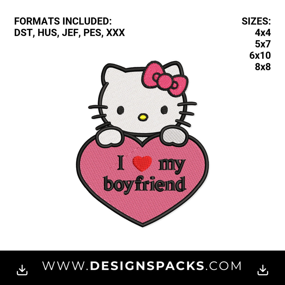 Hello Kitty I Love My Boyfriend Heart Embroidery Design - Instant digital download pattern at Designspacks.com